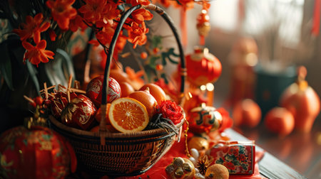 Basket Filled With Oranges and Christmas Decorationsの素材
