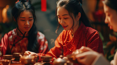 Women Gathered Around Table With Foodの素材