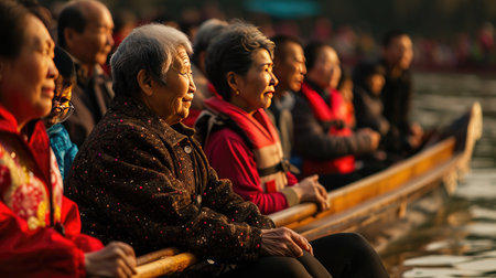 Group of People Sitting on Top of a Boatの素材