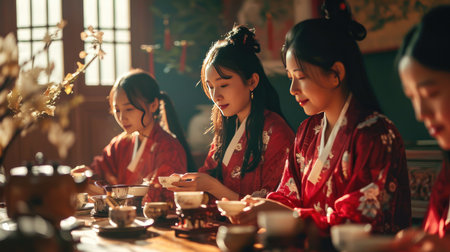Women Gathered Around Table With Foodの素材