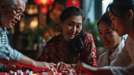 Group of People Playing a Game of Checkers, Strategic Fun and Social Interactionの素材