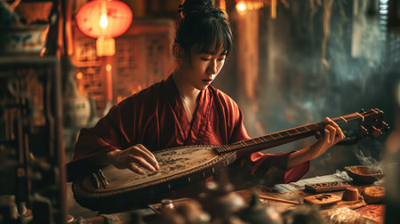 Woman in Kimono Playing Ukulele at Japanese Gardenの素材