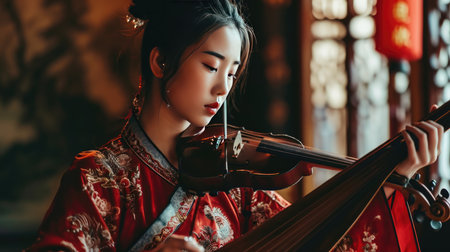 Woman in Kimono Playing Ukulele at Japanese Gardenの素材