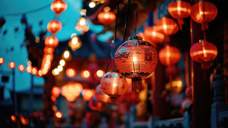 Vibrant Display of Red Lanterns Hanging From the Ceiling in a Traditional Settingの素材