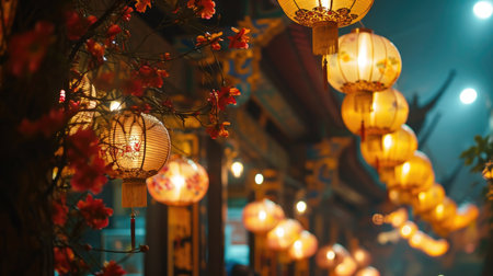Vibrant Display of Red Lanterns Hanging From the Ceiling in a Traditional Settingの素材