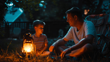 Man and Boy Sitting in Grass With Lantern, Family Time in the Outdoorsの素材