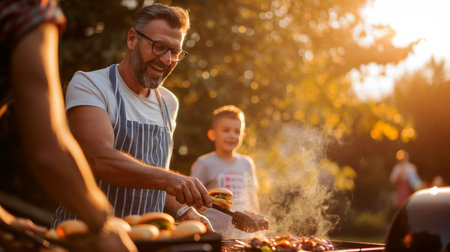 Man Grilling Food on Grill, Two Children Watching Outdoors in Backyardの素材