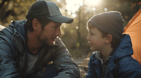 Man and Boy Sitting Next to Each Other, A Simple Moment of Connectionの素材
