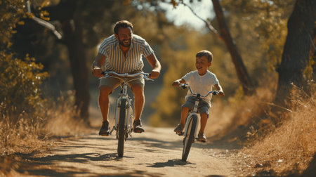 Man and Child Riding Bikes Down a Dirt Roadの素材