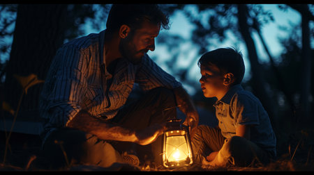 Man and Boy Sitting in Grass With Lantern, Family Time in the Outdoorsの素材