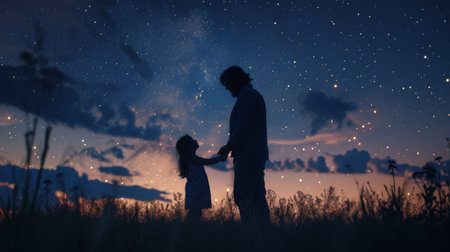 Man and Woman Staring Into Majestic Night Skyの素材