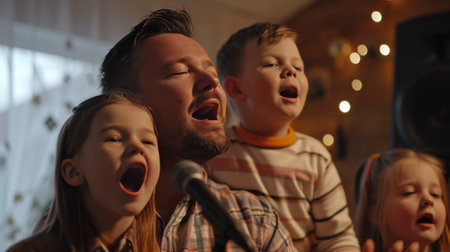 Group of People Singing Into a Microphone at a Music Concertの素材