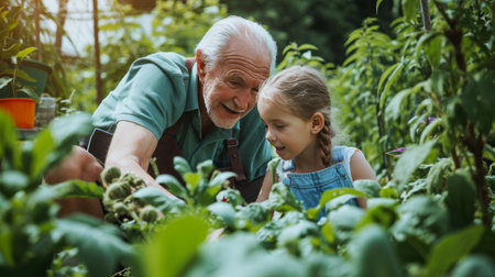 Man and Boy Enjoying Time Together in a Beautiful Gardenの素材