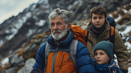 Group of Three Men Walking Through a Fieldの素材
