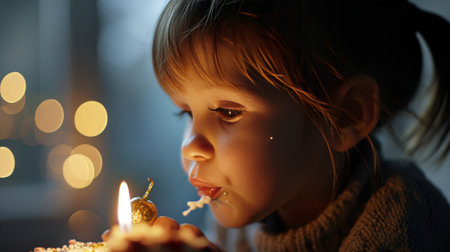 Little Girl Blowing Out Candles on Birthday Cake at Celebration Partyの素材