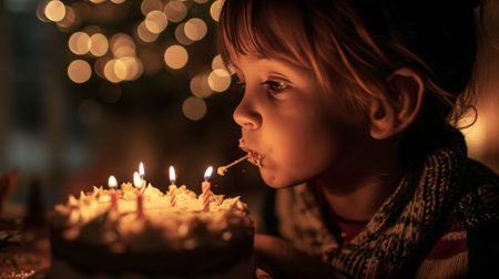 Little Girl Blowing Out Candles on Birthday Cake at Celebration Partyの素材