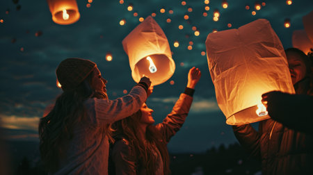 Women Hold Lanterns Aloft in Night Sky Illumination Ceremonyの素材
