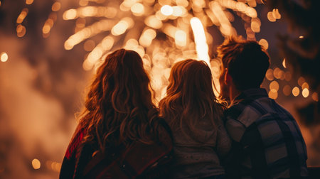 Three Girls Sitting on a Bench Watching Fireworksの素材