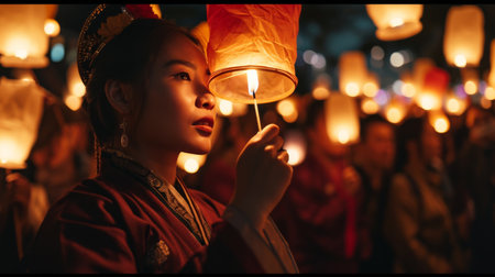 Woman Holding Lantern in Hand, Night Light Outdoor Toolの素材