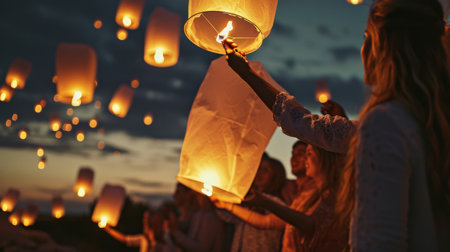 Women Hold Lanterns Aloft in Night Sky Illumination Ceremonyの素材
