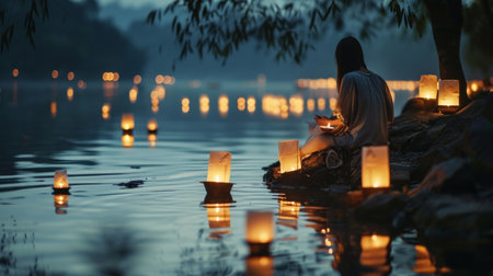 Person Sitting on Rock in Water Surrounded by Lanternsの素材