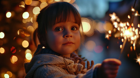 Little Girl Holding Sparkler in Hand, Joyful Celebration of Light and Wonderの素材