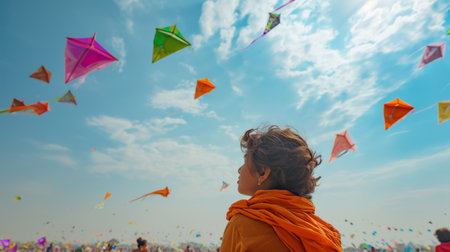 Woman Leading Crowd in Kite Flying Eventの素材