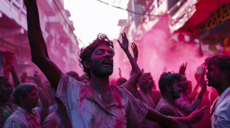 Group of People Enjoying Colorful Powder on Their Facesの素材
