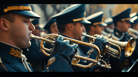 Man in Uniform Playing Trumpet in a Musical Performanceの素材