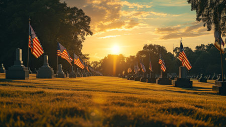Cemetery With American Flags, Honoring Veterans Resting in Peaceの素材