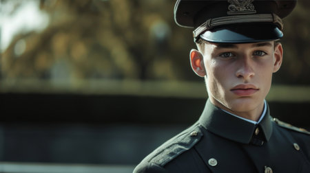 Young Man in Military Uniform Gazes Into the Distanceの素材
