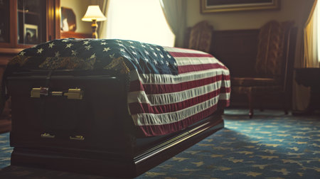 American Flag Draped Over Casket in Church After Funeral Serviceの素材