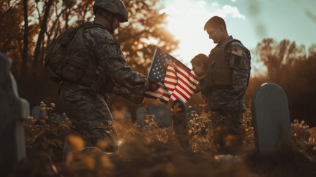 Young Boy Receiving Flag From Two Soldiers in a Patriotic Moment of Honorの素材