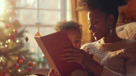 Woman Reading Book to Child in Front of Christmas Treeの素材