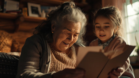 Woman Reading Book to Child in Front of Christmas Treeの素材