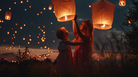Group of Children Holding Lantern in the Airの素材