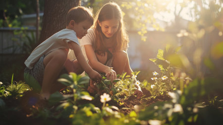 Woman and Little Girl in Field of Flowers, A Serene Moment in Natureの素材