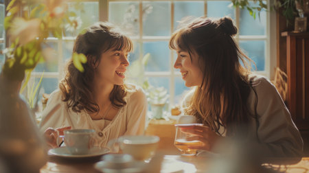 Two Women Sitting at a Table Having a Conversationの素材