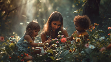 Woman and Little Girl in Field of Flowers, A Serene Moment in Natureの素材