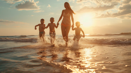 Woman and Three Children Joyfully Running in the Waterの素材