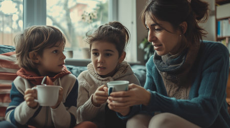 Woman and Two Children Preparing Food in Kitchenの素材