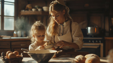 Woman and Child Cooking Together in Kitchenの素材