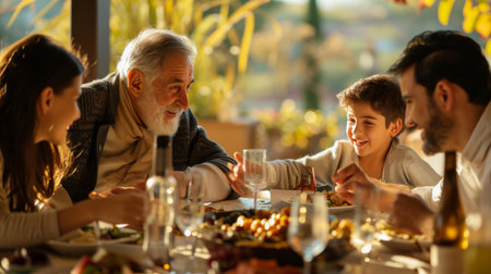 Group of People Sitting Around Dinner Table, Engaged in Conversation and Enjoying a Meal Togetherの素材