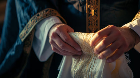 Little Girl Holds Blanket as Someone Places Item on Itの素材