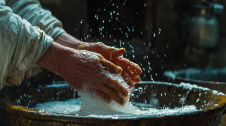 Close Up of Person Washing Hands in Bowlの素材