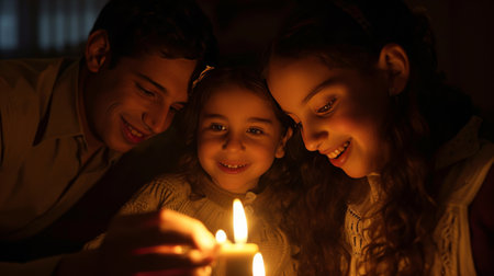 Group of People Gathered Around a Lit Candleの素材