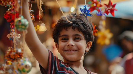 Young Boy Holding Up Bunch of Ornamentsの素材