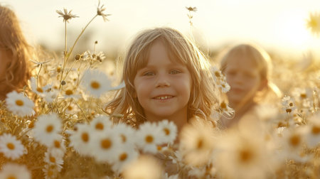 Two Little Girls Standing in a Field of Daisiesの素材