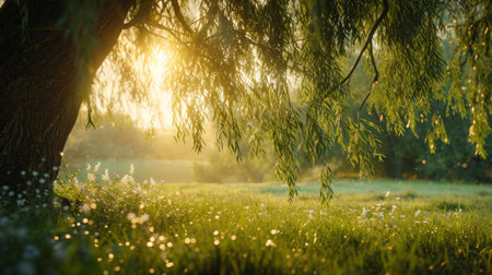 Sun Shining Through Trees in Fieldの素材