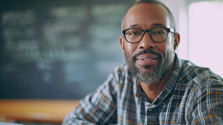 Man With Beard and Glasses Sitting in Front of Blackboardの素材
